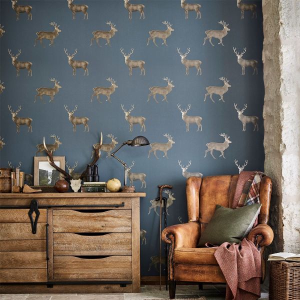 Evesham Deer Wallpaper 216620 by Sanderson in Indigo Blue