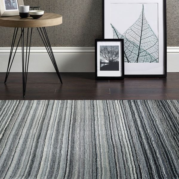 Fine Stripes Modern Pattern Wool Rugs in Grey