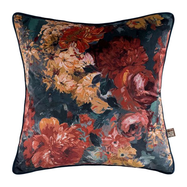 Yves Floral Velvet Cushion in Navy Rust