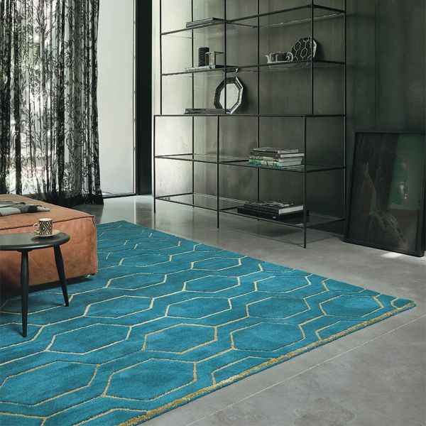 Arris Geometric Wool Rugs 37307 in Teal and Gold by Wedgwood