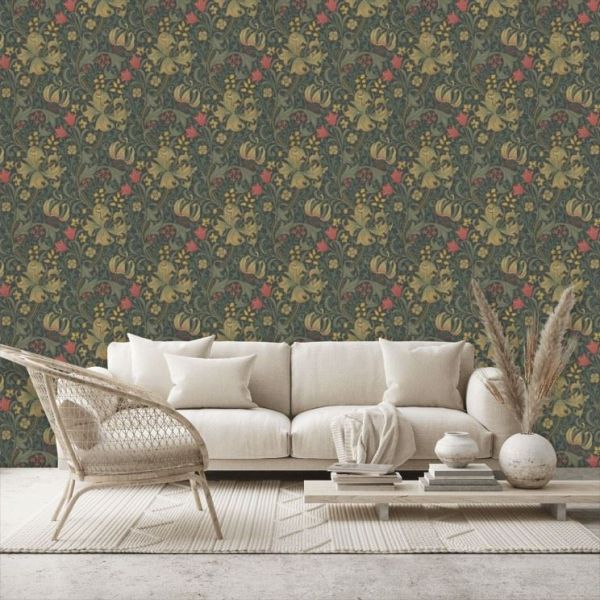 Golden Lily Wallpaper 210403 by Morris & Co in Charcoal Olive