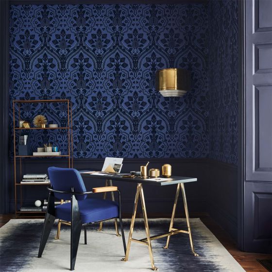 Pugin Palace Flock Wallpaper 116 9033 by Cole & Son in Dark Hyacinth Blue