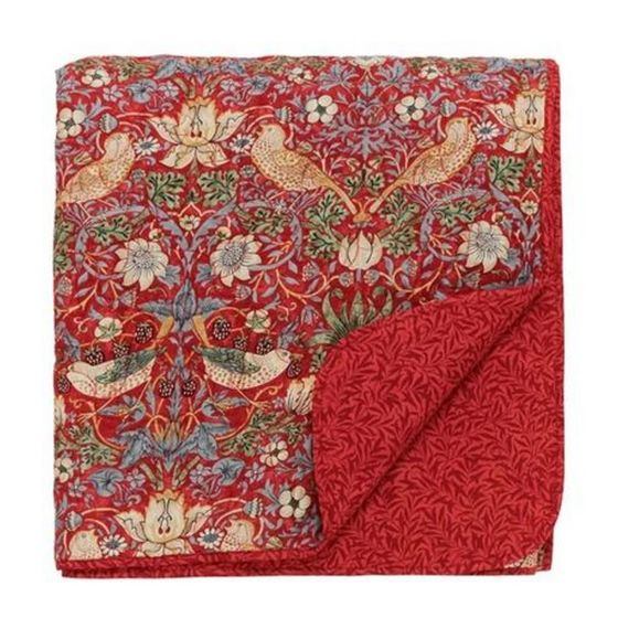 Strawberry Thief Bedspread Quilted Throw in Crimson Red By Morris & Co